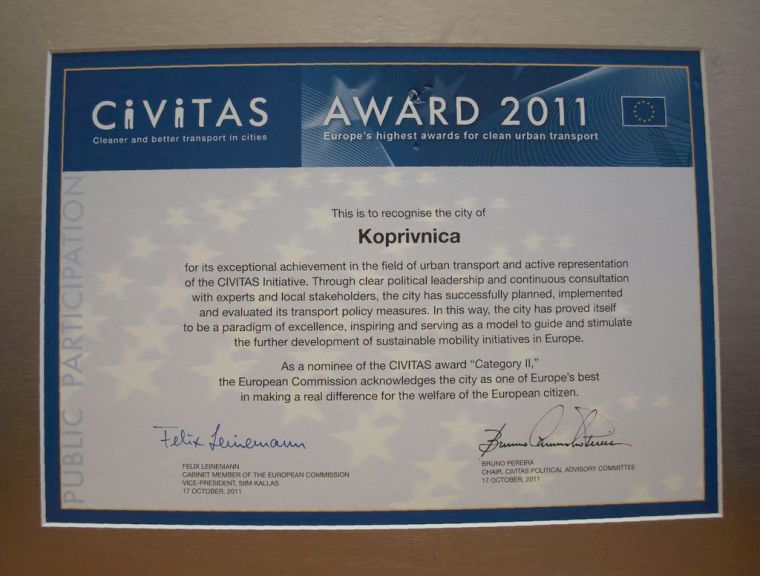 CIVITAS priznanje koje je dodijeljeno Koprivnici 