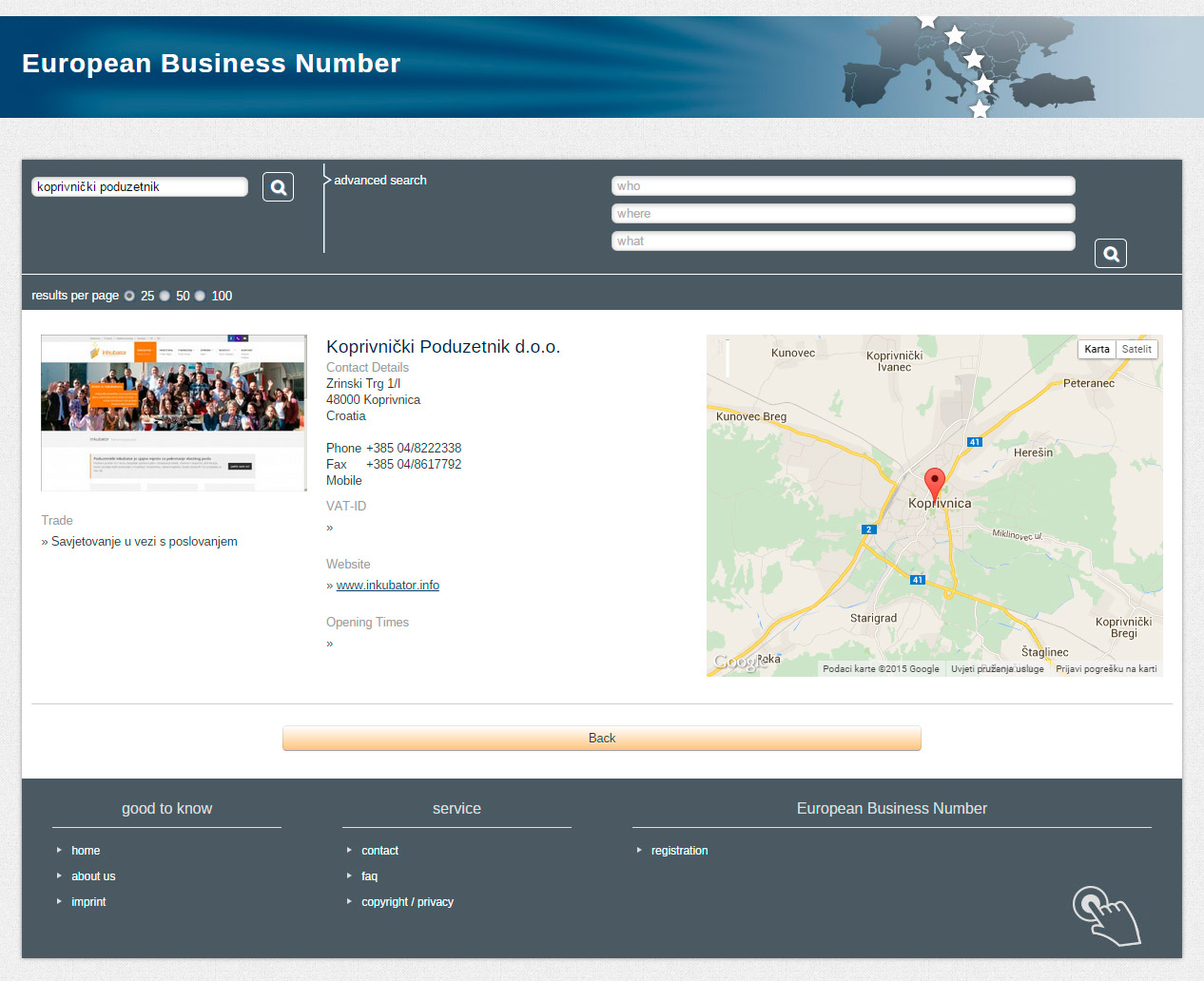 I Koprivnički poduzetnik nalazi se u bazi podataka EBN-a // screenshot: www.e-b-n.eu
