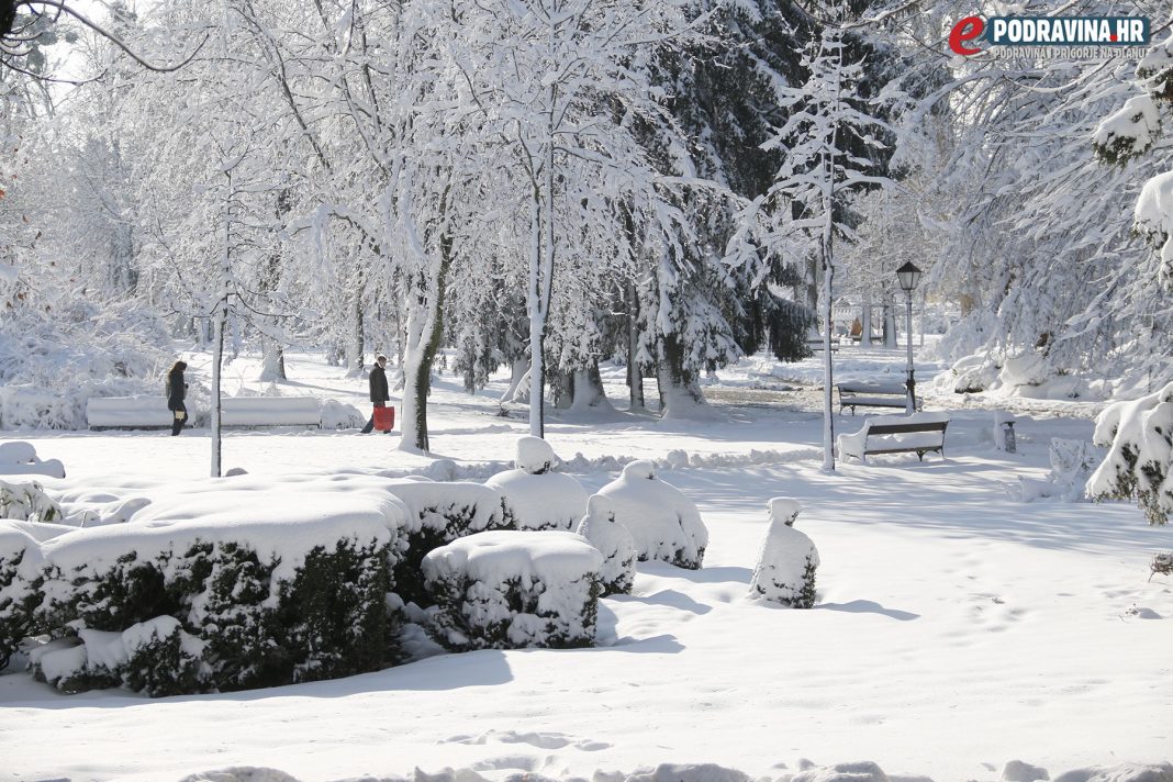 Gradski park Koprivnica, snijeg, zimska idila, ilustracija