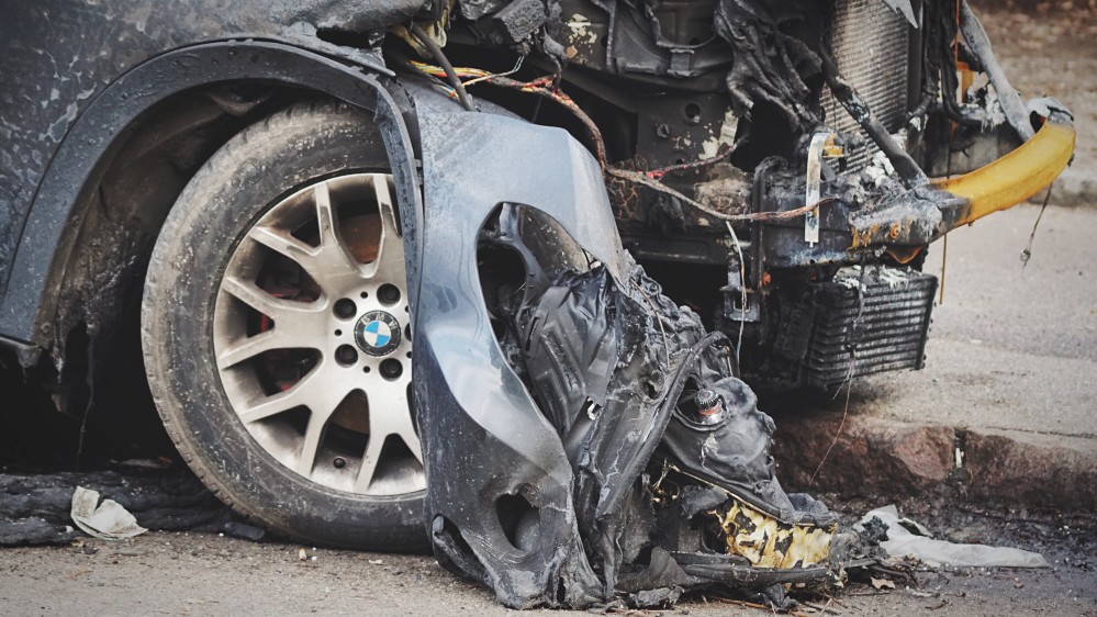 bmw accident collision crash crush dangerous auto automobile broken damage car insurance safety tire t axLmP