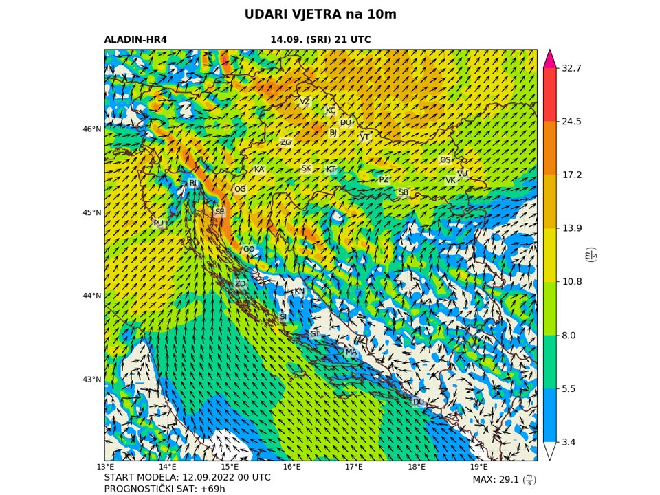 ALADIN-HR4 modelska prognoza udara vjetra (m/s) na 10 m visine za 14. rujna u 23 sata po lokalnom vremenu. Izvor: DHMZ