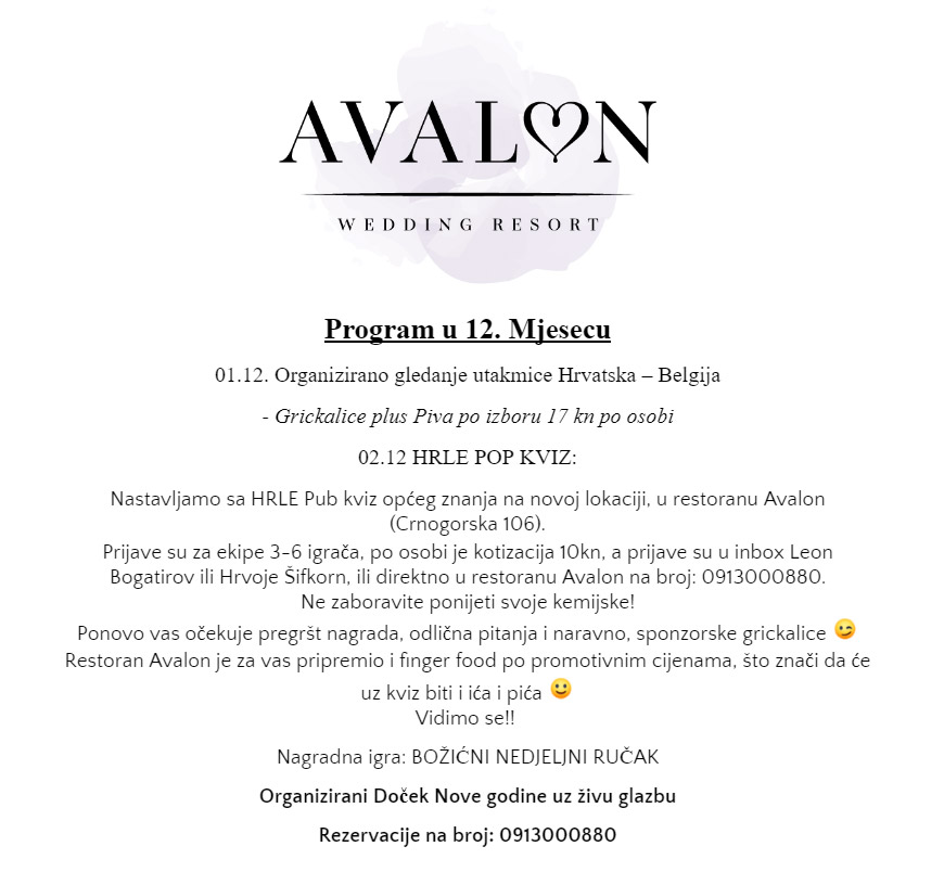 Avalon Wedding Resort: Program za prosinac 2022.