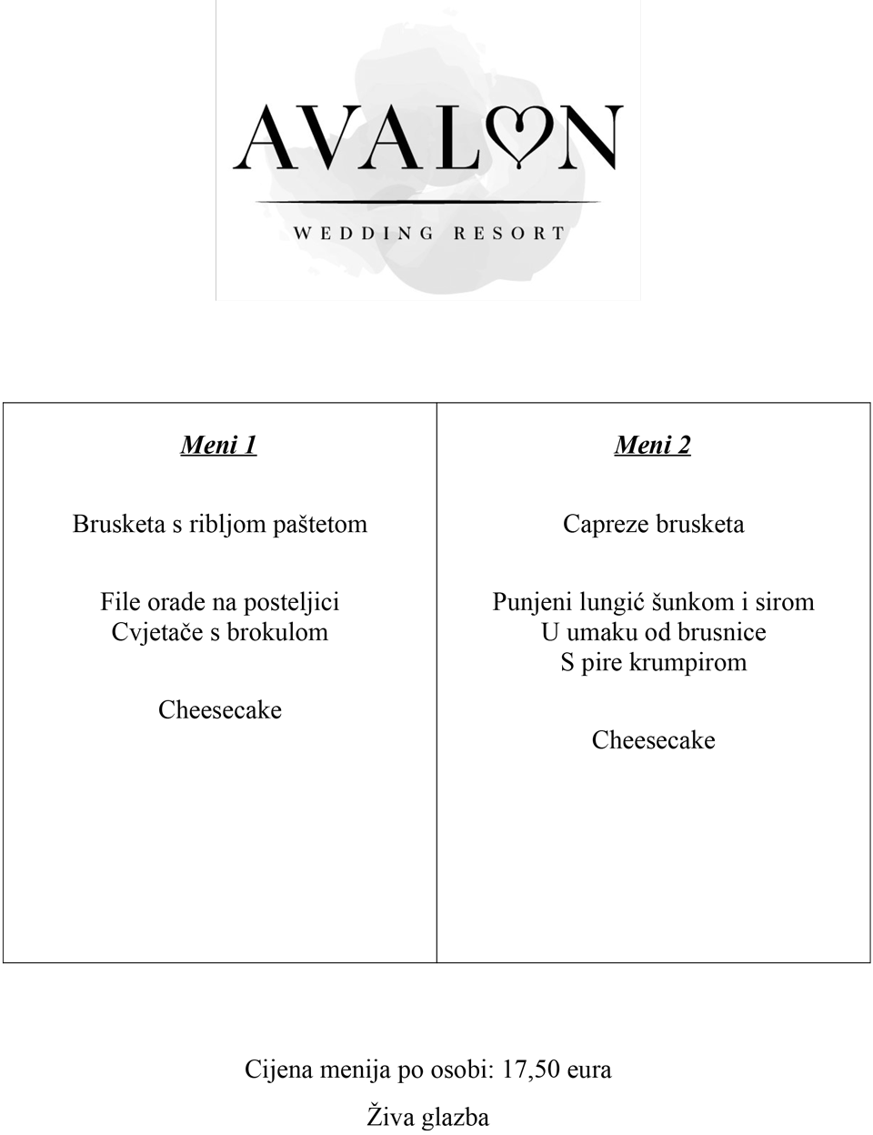Wedding resort Avalon - Valentinovo meni