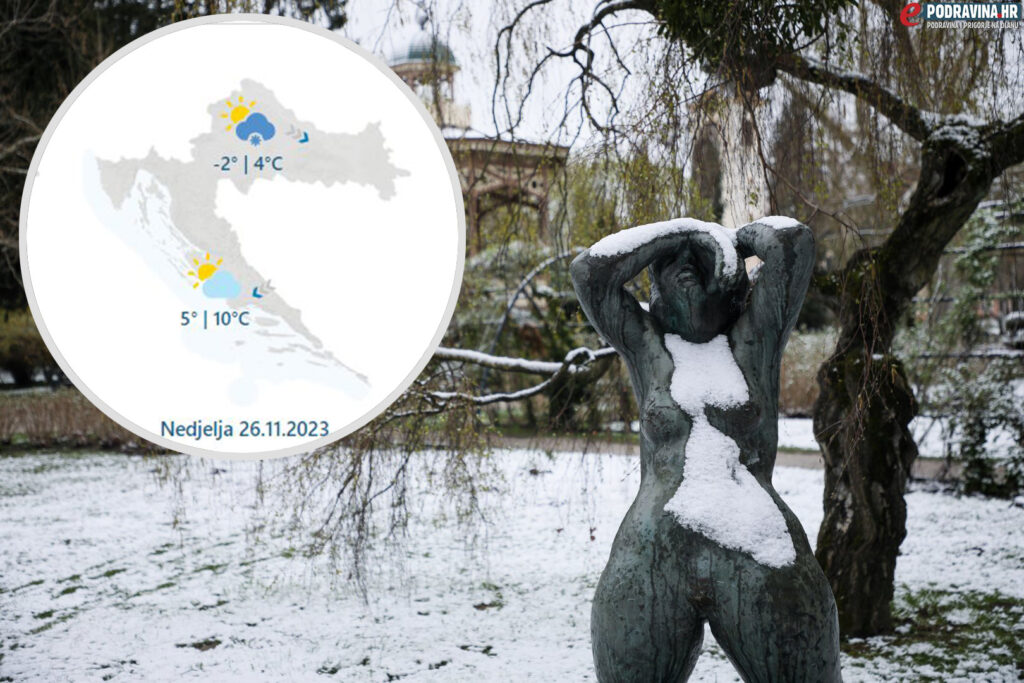 U krugu: DHMZ-ovi izgledi vremena za nedjelju, u pozadini: slab snijeg u gradskom parku u Koprivnici.