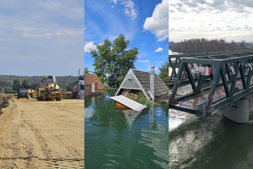 Naslovni kolaž: gradnja brze ceste, poplava na Šoderici, novi most preko Drave